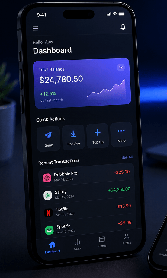 A mobile finance dashboard app shown on a phone