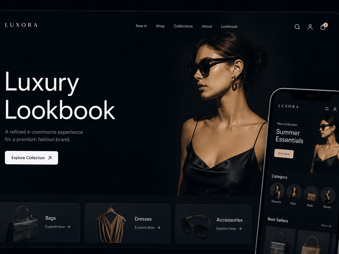 Luxora, a luxury fashion e-commerce site, shown on desktop and mobile