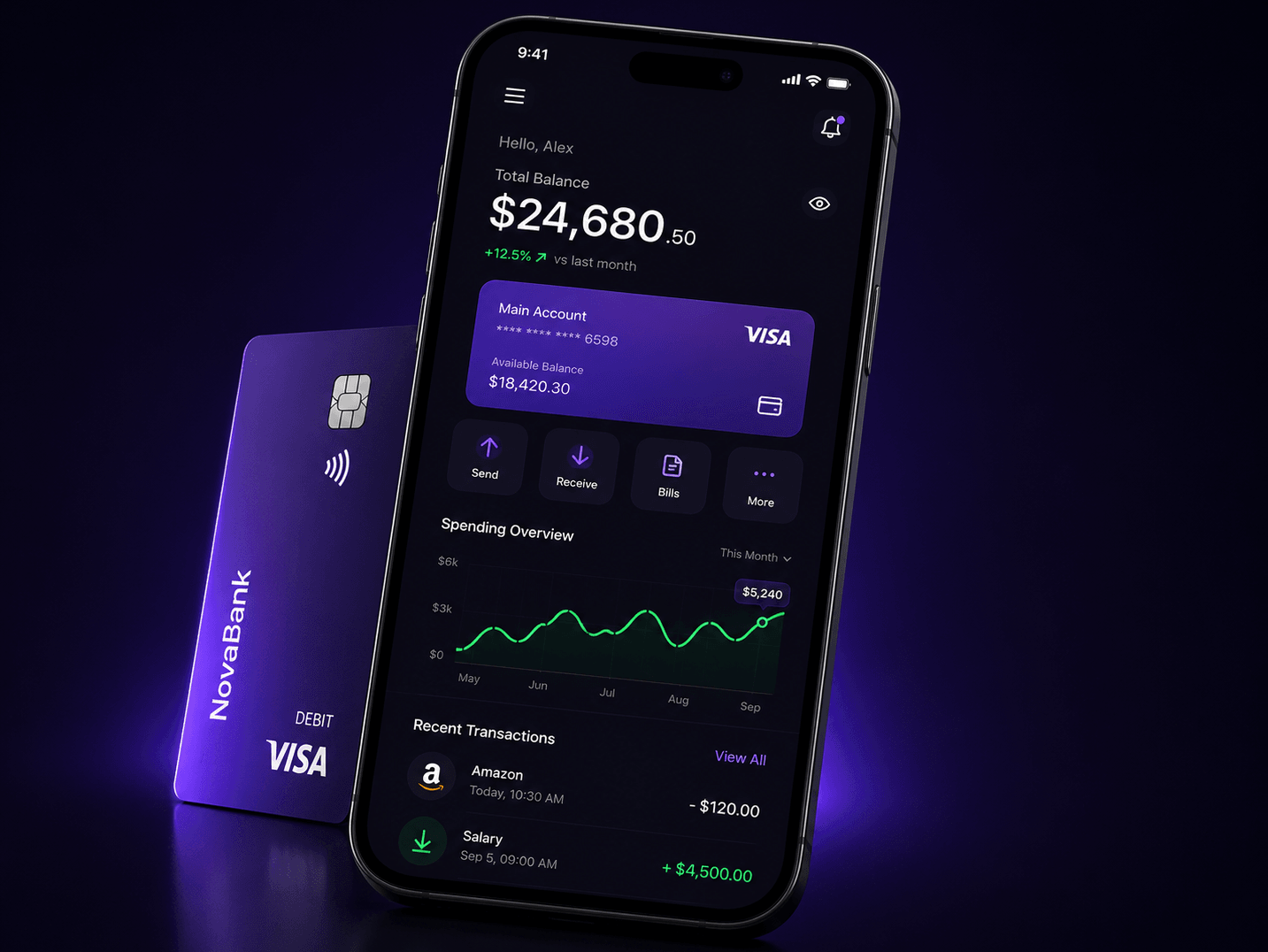 NovaBank, a finance tracking mobile app showing balance and spending