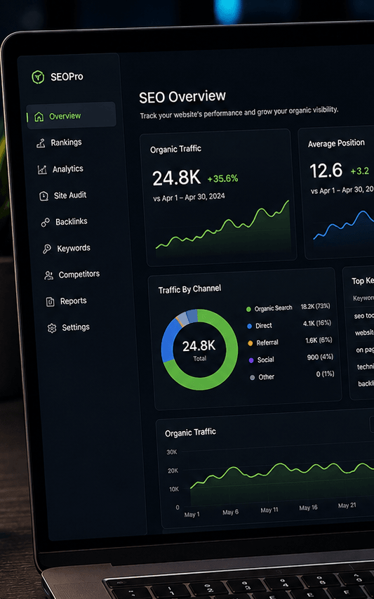 An SEO dashboard showing organic traffic and keyword rankings