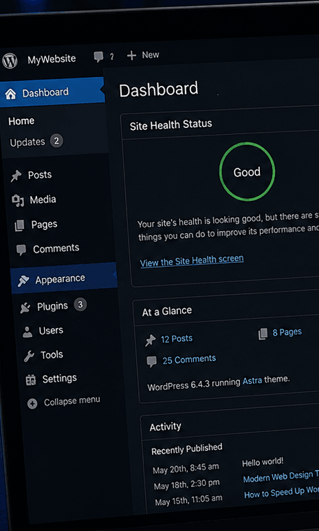 A WordPress admin dashboard showing site health and performance